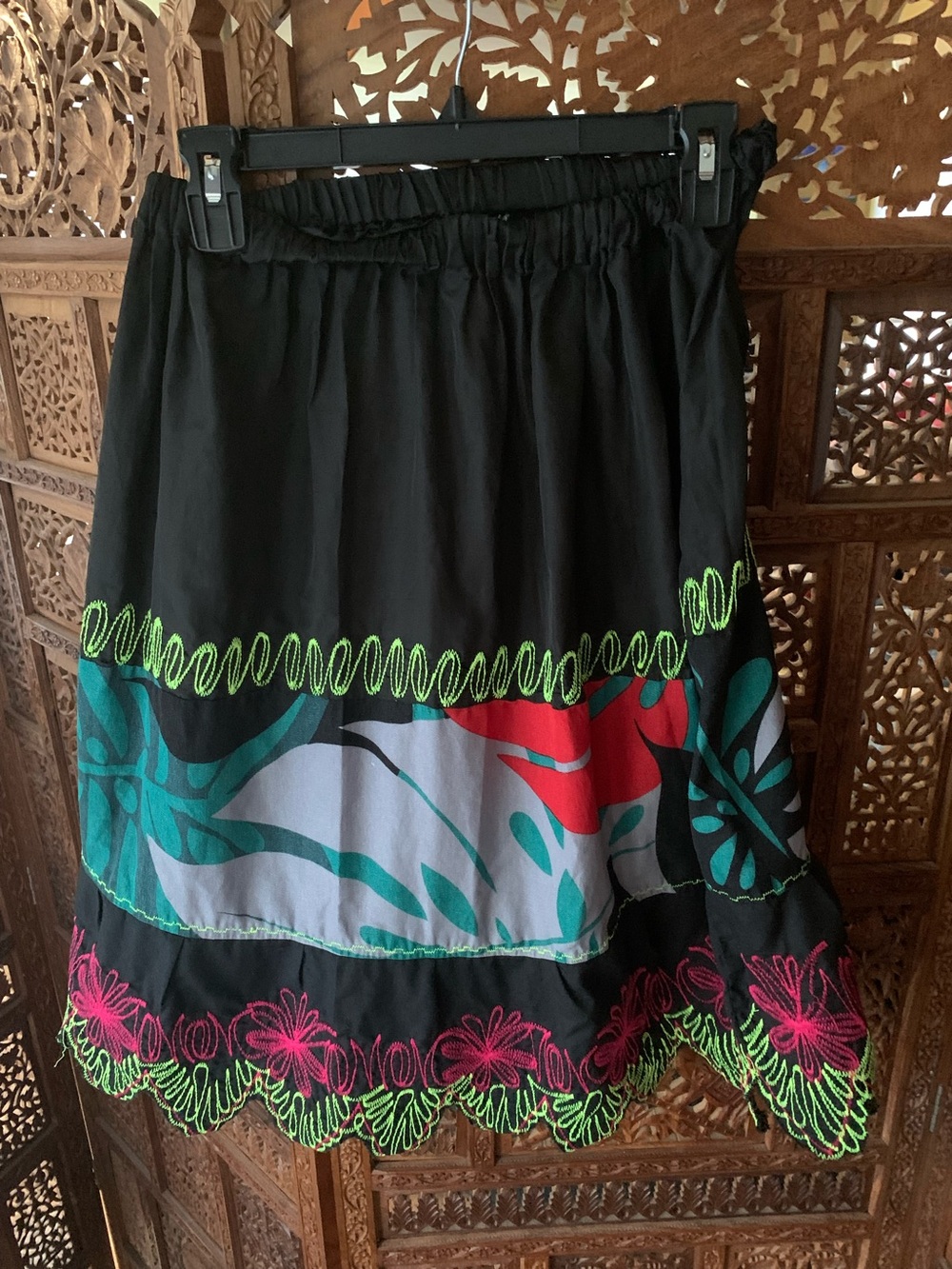 Black Floral Embroidered Midi Skirt - handmade with machine embroidery
